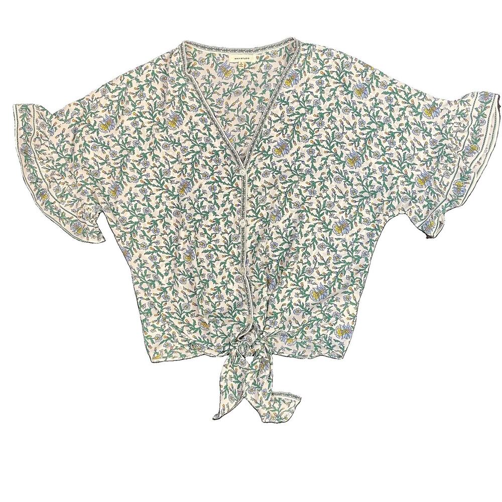 Max Studio Feminine Floral V-Neck Button Front Tie Hem Ruffle Sleeve Blouse S - Picture 2 of 10